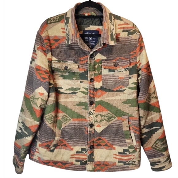 American Eagle Mens Western Aztec Flannel Jacket Quilt Lined Shacket Large Retro - Picture 9 of 10